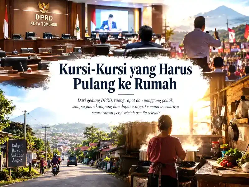 Ilustrasi kolase perjalanan suara rakyat dari gedung DPRD dan panggung politik menuju jalan kampung dan dapur warga.