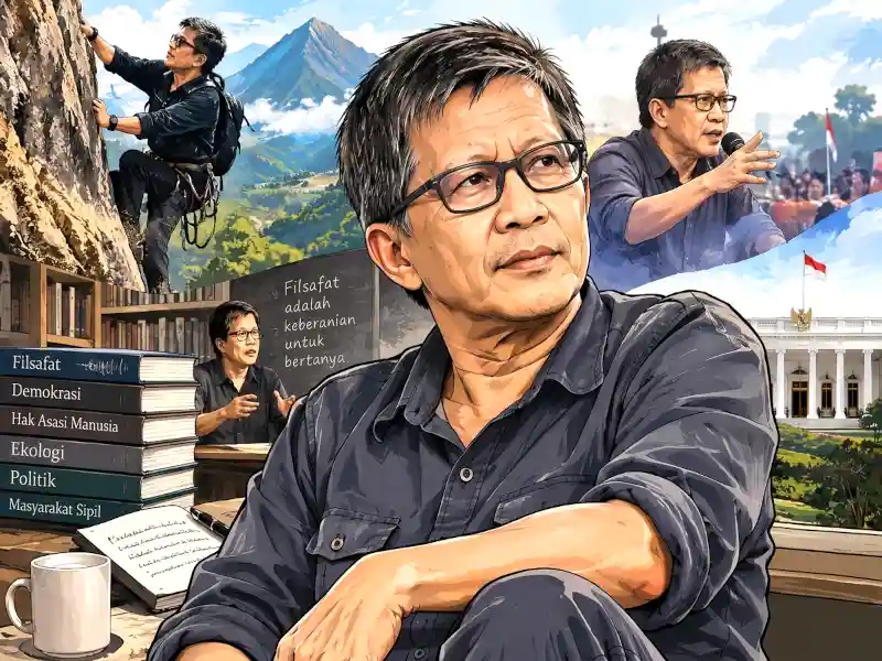 Karikatur Rocky Gerung dengan latar tebing, buku filsafat, alam bebas, dan siluet Istana Negara