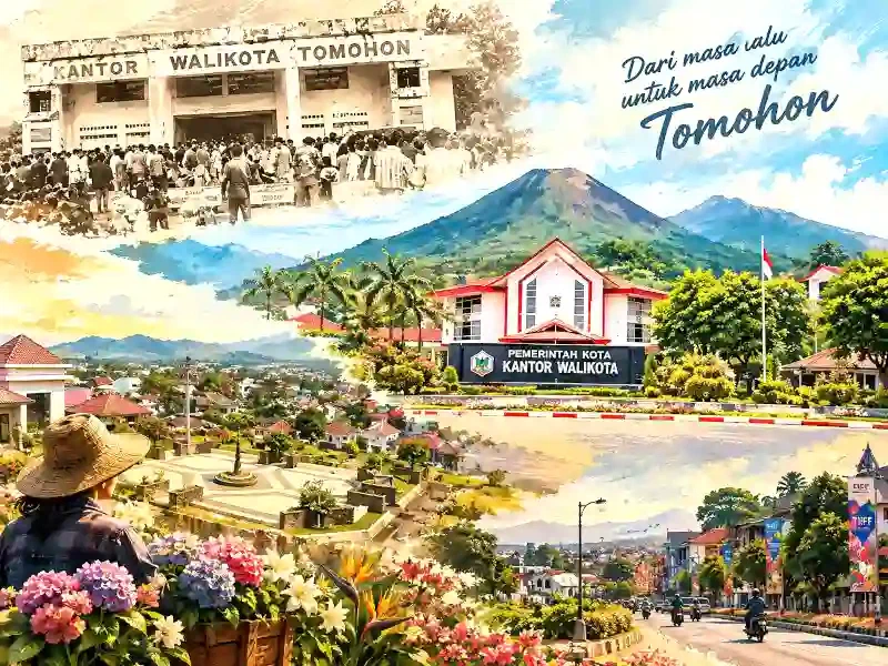 Kolase perjalanan Tomohon dari kantor wali kota masa lalu hingga pusat pemerintahan dan lanskap Gunung Lokon.
